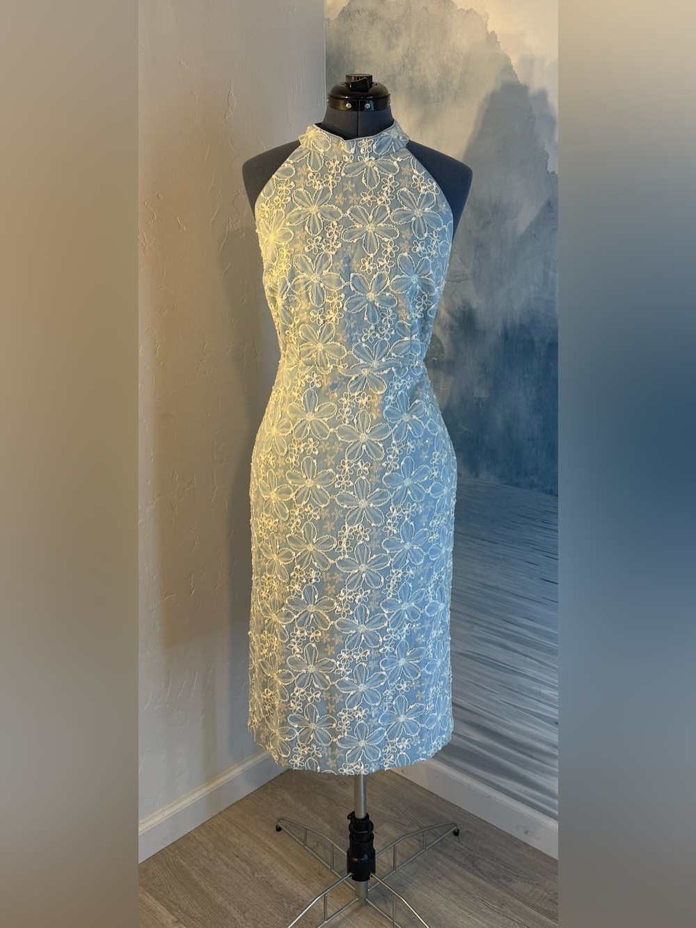 Halter Lace Midi Dress in Cream With Blue Undertone #418